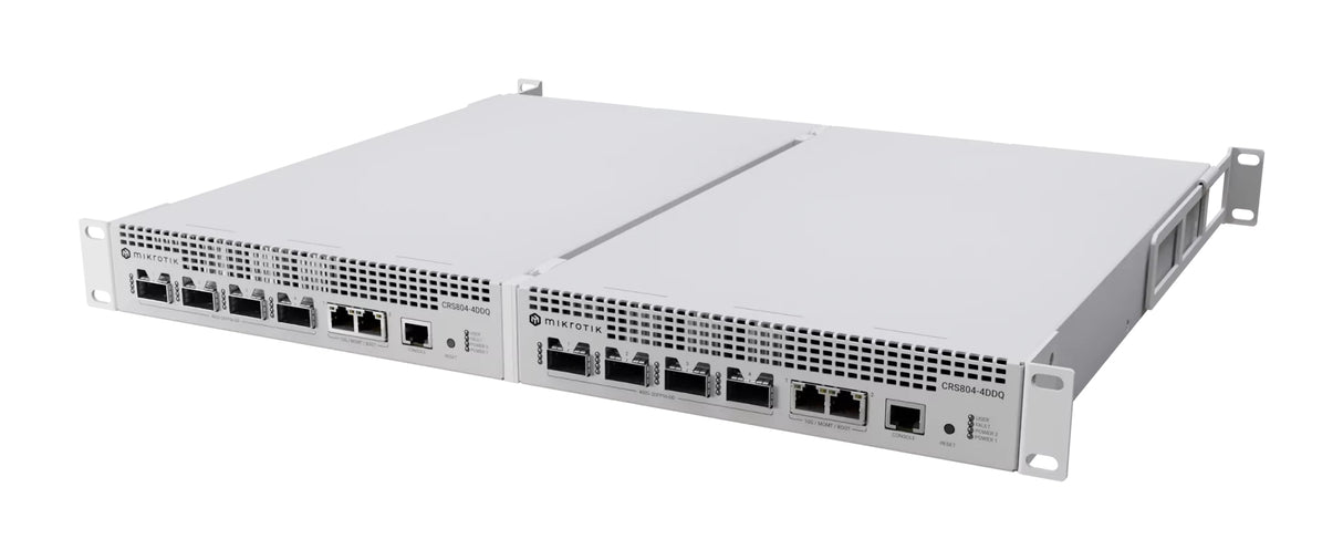 CRS804-4DDQ-hRM, Switch/Router, CPU 4 nucleos 2000 MHz, 4 GB RAM, 4 x QSFP56-DD de 400G, 2 x GEth 10 Gigabit, RouterOS v