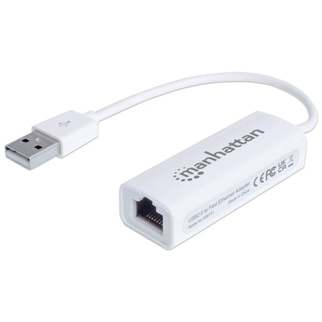 Manhattan Adaptador de red Fast Ethernet USB-A, 10/100 Mbps, 480 Mbps (USB 2.0), RJ45, blanco, 3 años de garantía tarjetas de red Alámbrico USB Ethernet 1