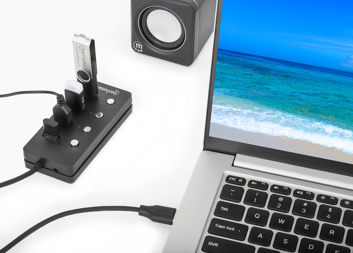 Manhattan 180887 nodo concentrador USB 3.2 Gen 1 (3.1 Gen 1) Type-A 5000 Mbit/s Negro, Acrilonitrilo butadieno estireno (ABS)