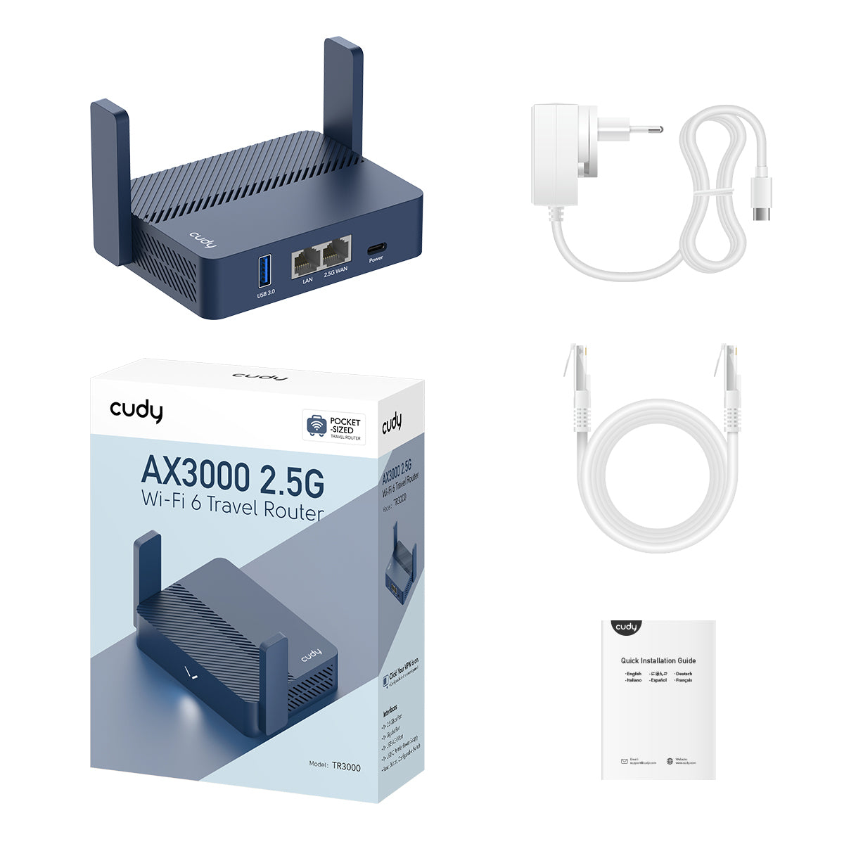 Cudy AX3000 router inalámbrico Gigabit Ethernet Azul, Wi-Fi 6 (802.11ax), Enrutador portátil