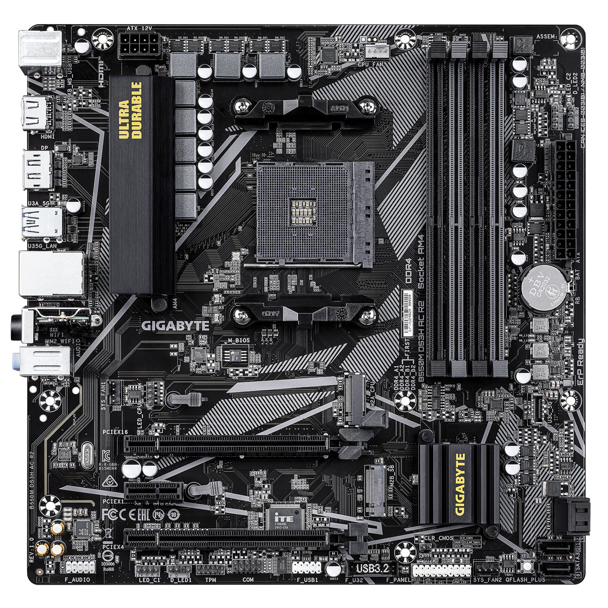 GIGABYTE B550M DS3H AC R2 Placa base - Procesadores AMD Ryzen 5000, VRM de 5+3 fases, hasta 4733 MHz DDR4 (O.C.), 1x M.2 PCIe 4.0 + 1x M.2 PCIe 3.0, Wi-Fi 5, LAN 1 GbE, USB 3.2 Gen 1 placas base AMD Zócalo AM4 Zócalo AM4 DDR4-SDRAM