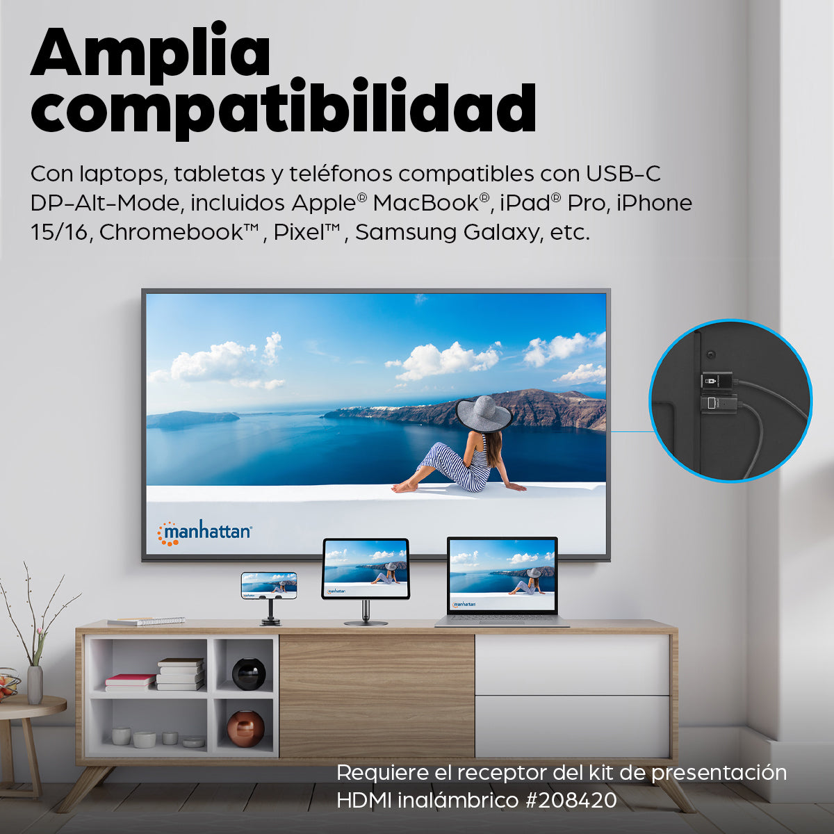 208437 - Manhattan Adaptador inalámbrico HDMI 1080p con transmisor USB-C, dongle para mostrar vídeo de forma inalámbrica desde un