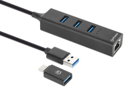 Manhattan Hub/dock combinado USB-C y USB-A, puertos (4): Ethernet + 3x USB-A, 5 Gbps (USB 3.0), Alimentado por USB (no requiere alimentación externa) hubs de interfaz 3 4 5000 Mbit/s Negro