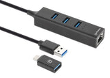Manhattan Hub/dock combinado USB-C y USB-A, puertos (4): Ethernet + 3x USB-A, 5 Gbps (USB 3.0), Alimentado por USB (no requiere alimentación externa) hubs de interfaz 3 4 5000 Mbit/s Negro