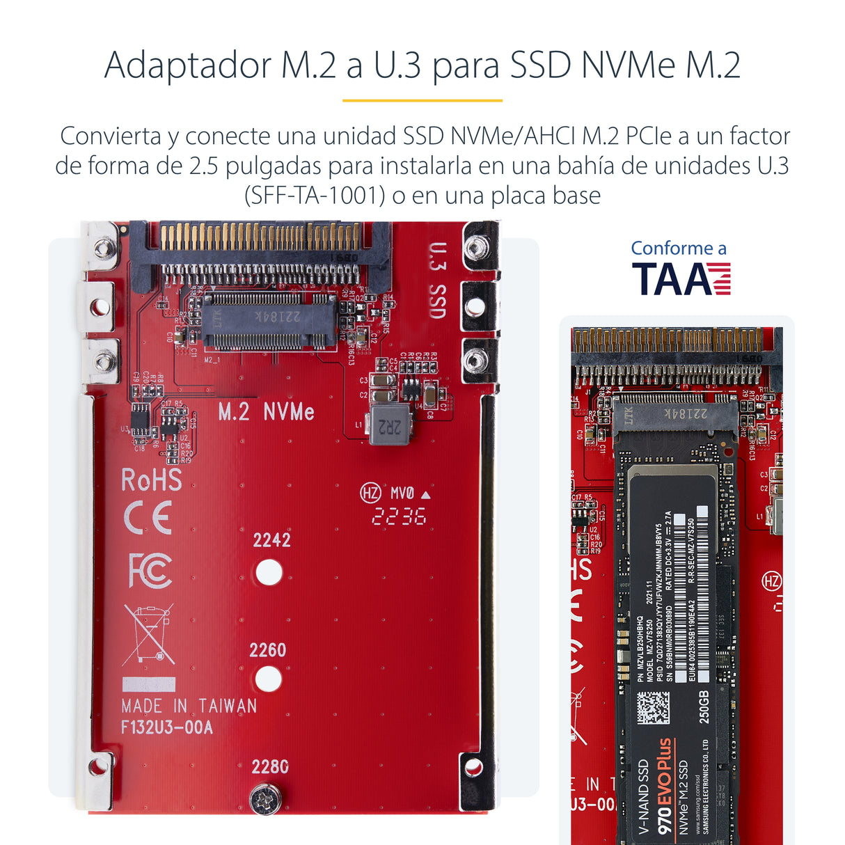StarTech.com Adaptador M.2 a U.3 para SSDs M.2 NVMe - Conversor Adaptador de Host de Unidad M.2 PCIe a U.3 de 2,5 (SFF-T