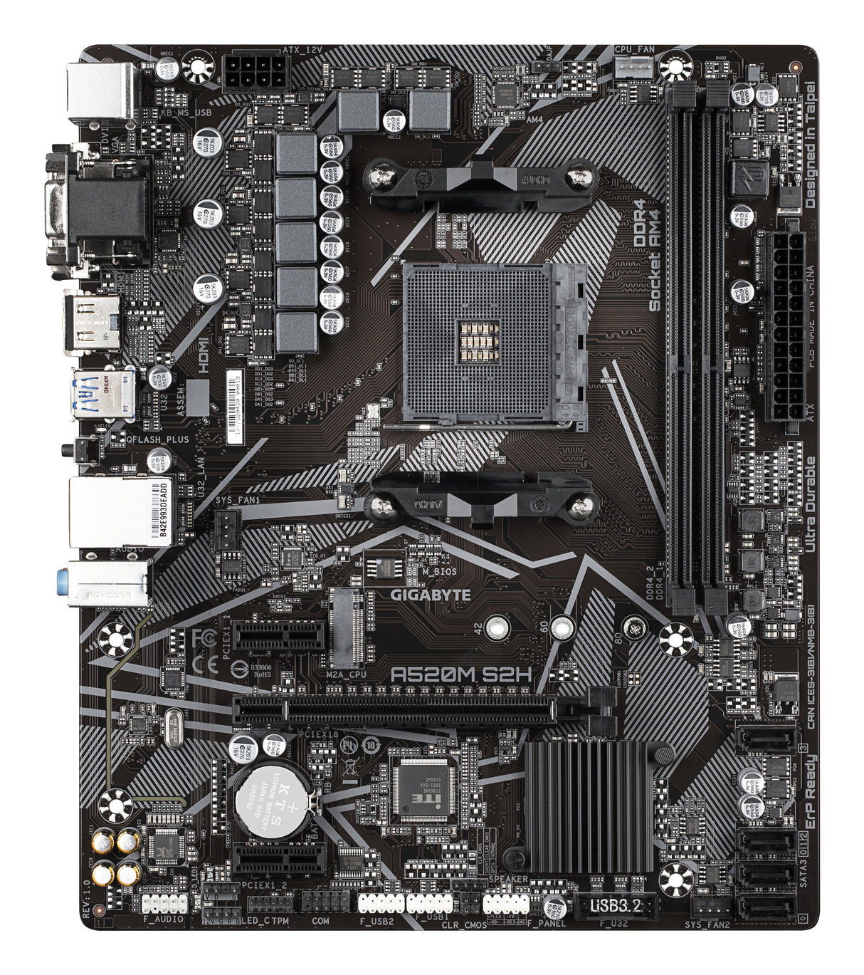 GIGABYTE Placa base A520M S2H - Soporta CPUs AMD Ryzen serie 5000 AM4, VRM digital puro de 4+3 fases, hasta 5100MHz DDR4 (OC), PCIe 3.0 x4 M.2, LAN GbE, USB 3.2 Gen 1 placas base AMD Zócalo AM4 AMD Ryzen 3000 Series 1
