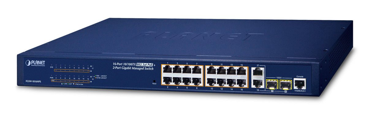 PLANET FGSW-1816HPS switch Gestionado L2 Fast Ethernet (10/100) Energía sobre Ethernet (PoE) Azul