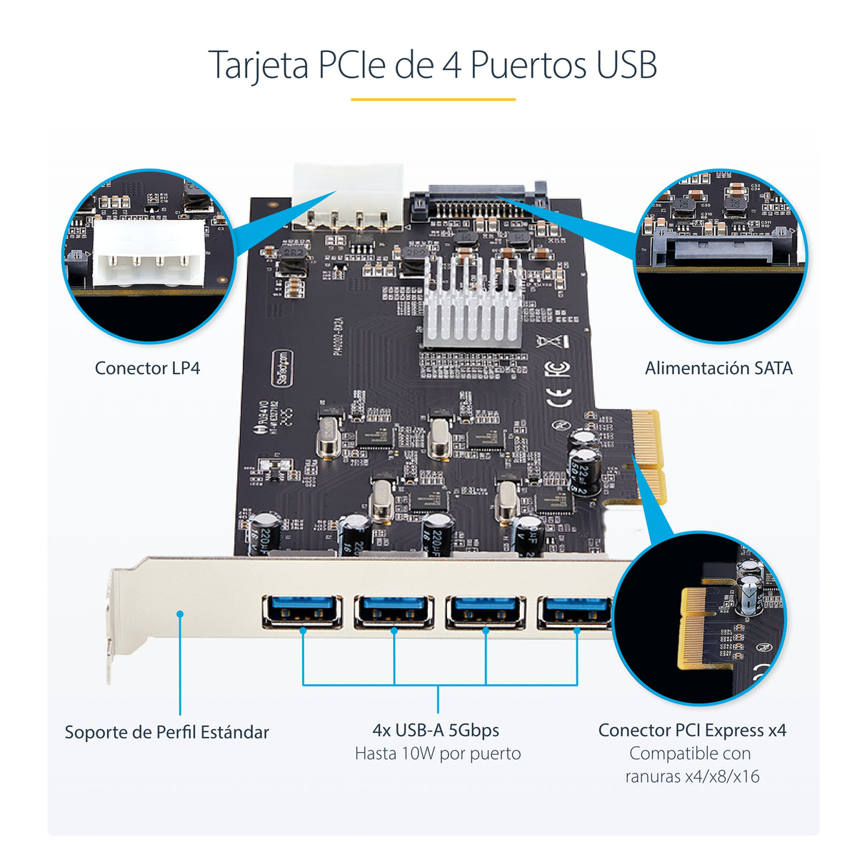 StarTech.com Tarjeta PCI Express de 4 Puertos USB-A - Tarjeta PCIe USB 3.2 de 5Gbps - 4 Controladores USB Independientes