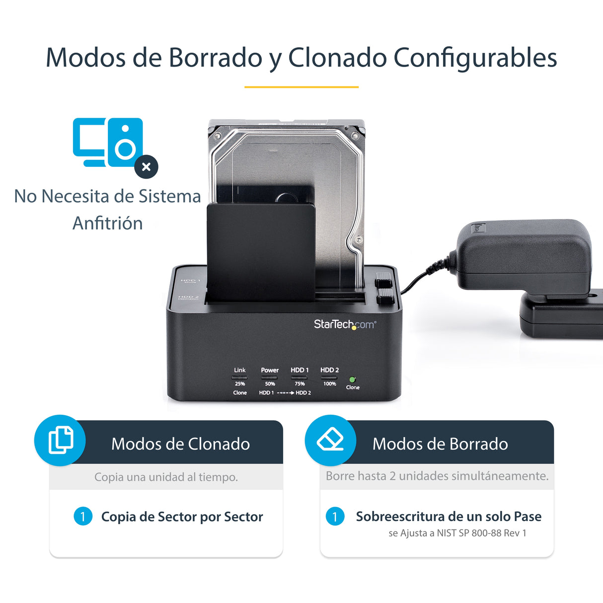 StarTech.com Duplicador y Borrador de Discos Duros de 2 Bahías - Clonador Copiador Autónomo de Discos Duros SATA - Docki