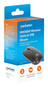 Manhattan Ratón óptico inalámbrico MW3050, negro, 1200 dpi, 2,4 GHz (hasta 10 m), USB, ambidiestro, 3 botones con rueda, receptor nano USB-A, pila AA incluida, base de baja fricción, garantía 3 años Ratón 1 Vertical Universal Óptico