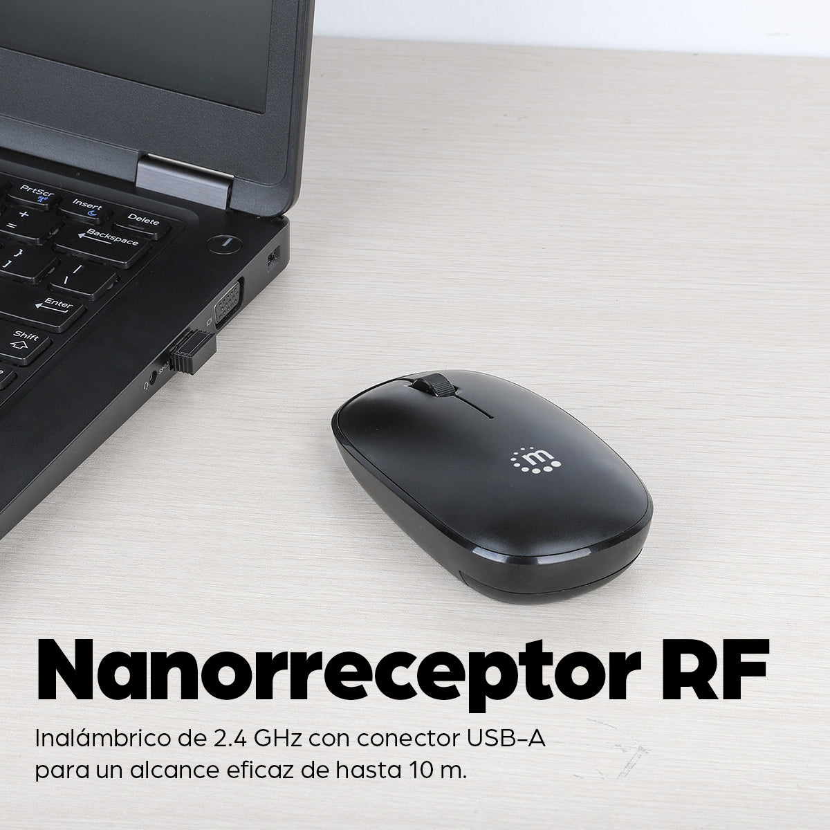 Manhattan Ratón óptico inalámbrico MW3050, negro, 1200 dpi, 2,4 GHz (hasta 10 m), USB, ambidiestro, 3 botones con rueda, receptor nano USB-A, pila AA incluida, base de baja fricción, garantía 3 años Ratón 1 Vertical Universal Óptico