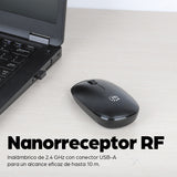 Manhattan Ratón óptico inalámbrico MW3050, negro, 1200 dpi, 2,4 GHz (hasta 10 m), USB, ambidiestro, 3 botones con rueda, receptor nano USB-A, pila AA incluida, base de baja fricción, garantía 3 años Ratón 1 Vertical Universal Óptico