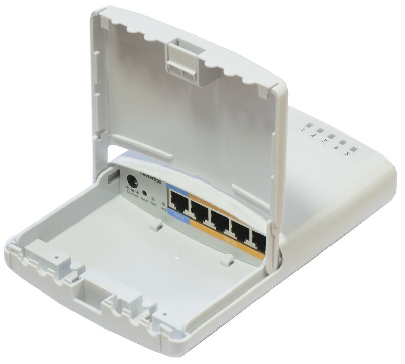 RB750P-PBr2, PowerBox, RB 5 Eth 650Mhz CPU 64MB RAM PoE Pasivo en Eth2-5