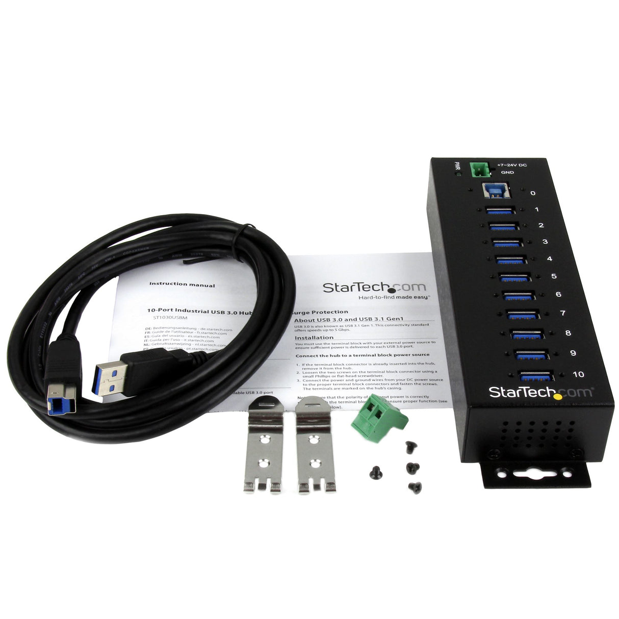StarTech.com Hub Industrial de 10 Puertos USB 3.0 - 5Gbps - Ladrón Concentrador USB-A con Protección Antiestática ESD y Protección de Picos - de Monta