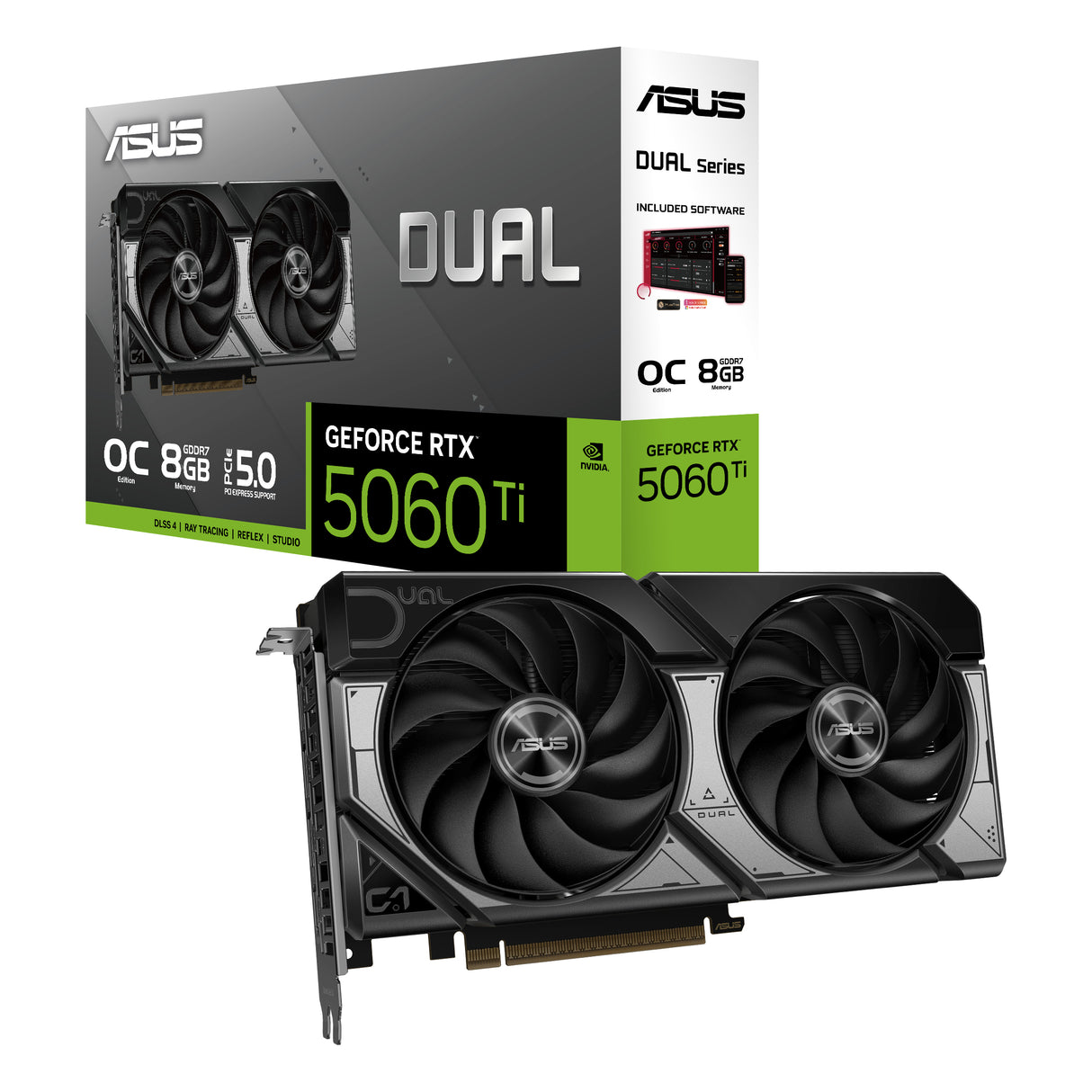 ASUS Dual -RTX5060TI-O8G NVIDIA GeForce RTX 5060 Ti 8 GB GDDR7, 128 Bit, 7680 x 4320 Pixeles, PCI Express 5.0