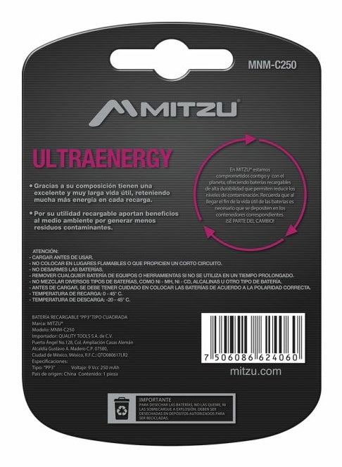 MITZU MNM-C250 pila de uso doméstico Batería recargable 9V Níquel-metal hidruro (NiMH), 1 pieza(s), 250 mAh