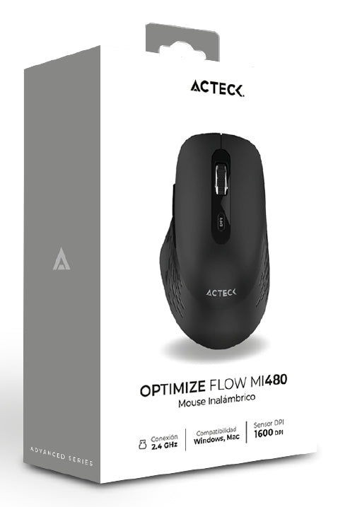 Mouse ACTECK Confortable y Elegante Optimize Flow MI480 Inalámbrico / 2.4 MHz / 1600 DPI / 6 Botones / Batería 2x AAA In