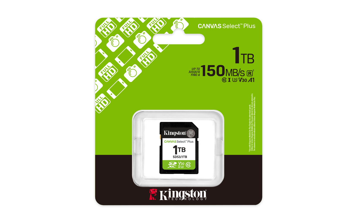 Kingston Technology 1 TB SDXC Canvas Select Plus Gen3 150 MB/s C10 UHS-I U3 V30 Memoria Flash 1 GB SD 150 MB/s UHS-I