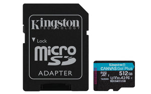 Kingston Technology Tarjeta microSDXC Canvas Go Plus Gen4 de 512 GB, 200 MB/s, A2 U3 V30 y adaptador Memoria Flash 512 GB MicroSD 200 MB/s 160 MB/s