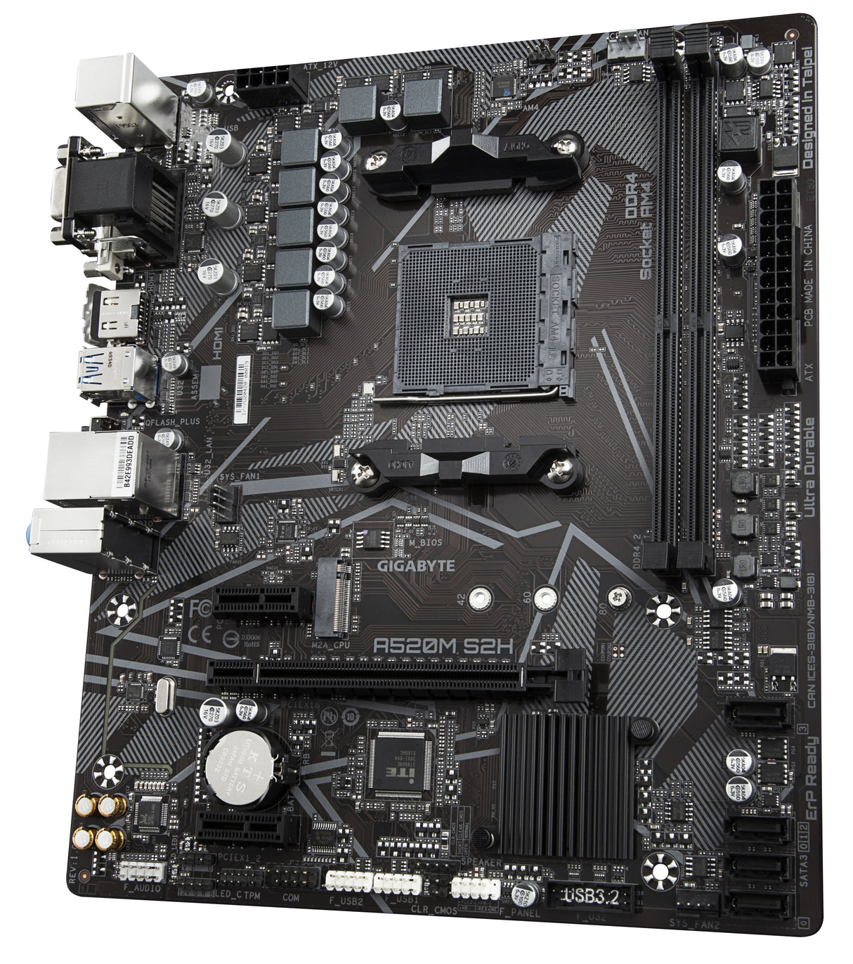 GIGABYTE Placa base A520M S2H - Soporta CPUs AMD Ryzen serie 5000 AM4, VRM digital puro de 4+3 fases, hasta 5100MHz DDR4 (OC), PCIe 3.0 x4 M.2, LAN GbE, USB 3.2 Gen 1 placas base AMD Zócalo AM4 AMD Ryzen 3000 Series 1