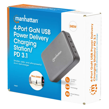 Manhattan Estación de carga GaN USB Power Delivery de 4 puertos, 240 W / PD 3.1, 4 puertos USB-C PD hasta 140 W por puerto, 240 W total, negro cargador de dispositivos móviles Corriente alterna 4 Si Interior