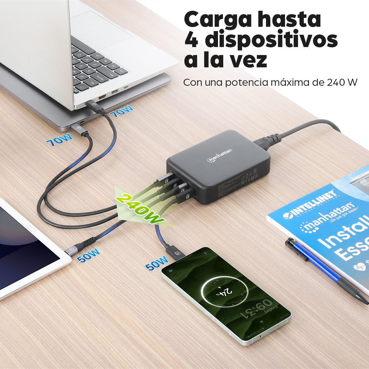 Manhattan Estación de carga GaN USB Power Delivery de 4 puertos, 240 W / PD 3.1, 4 puertos USB-C PD hasta 140 W por puer