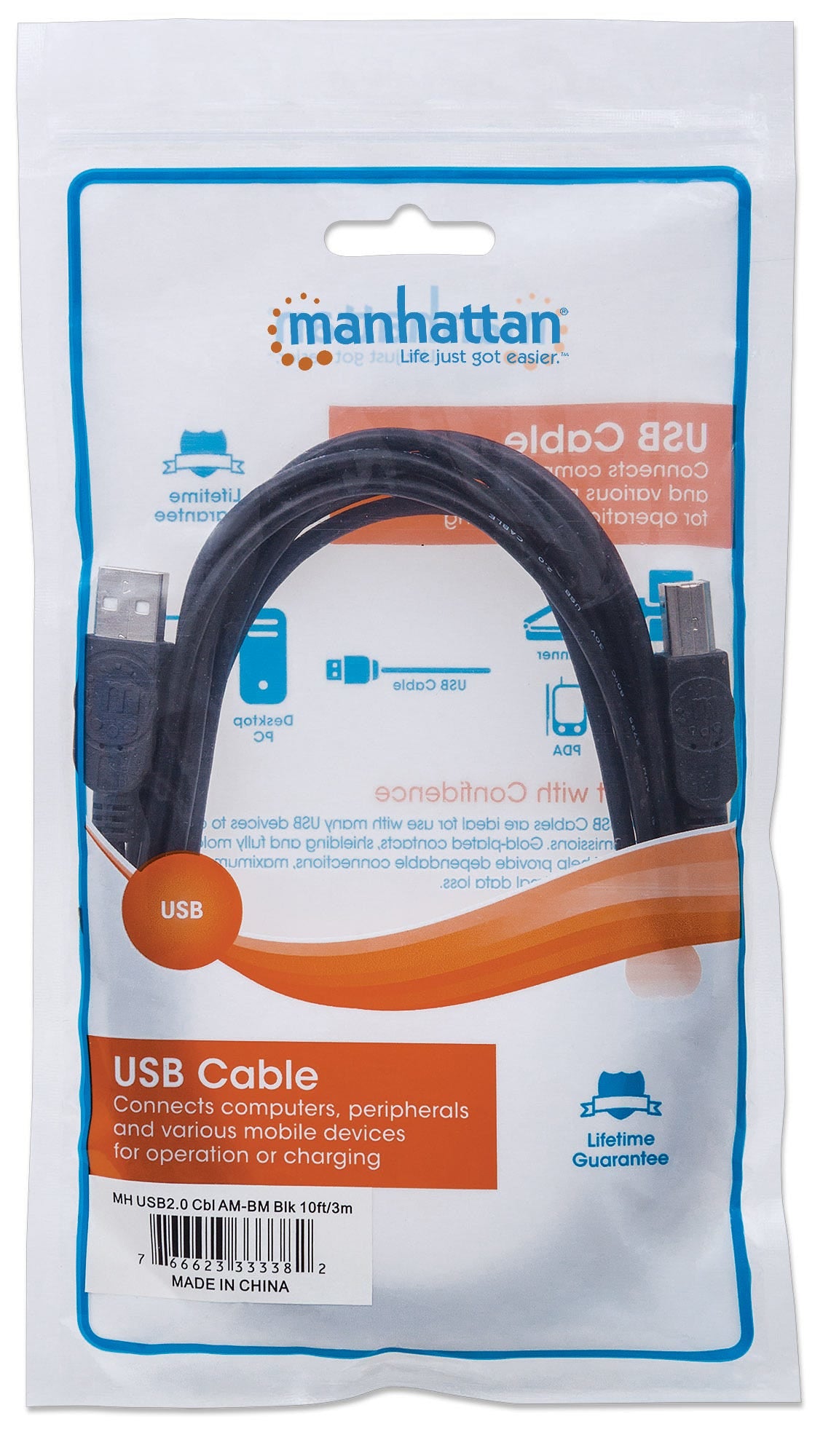 Manhattan Cable USB-A a USB-B, 3 m, macho a macho, 480 Mbps (USB 2.0), negro, garantía de por vida, equivalente a USB2HAB3M Cable USB 2.0 USB A USB B Macho/Macho