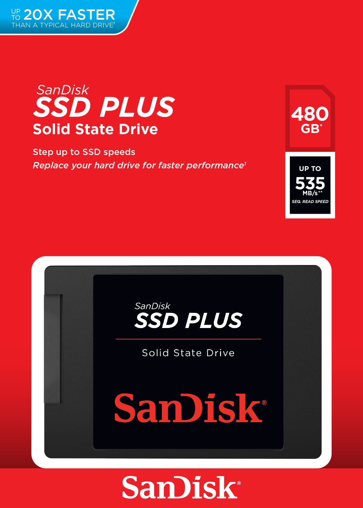 SanDisk Plus 480 GB 2.5" Serial ATA III SLC, 535 MB/s, 6 Gbit/s, SDSSDA-480G-G26