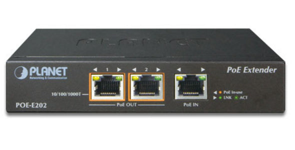 PLANET POE-E202 extensor de red Transmisor y receptor de red Negro 10, 100, 1000 Mbit/s, Completo, Semi (dúplex)