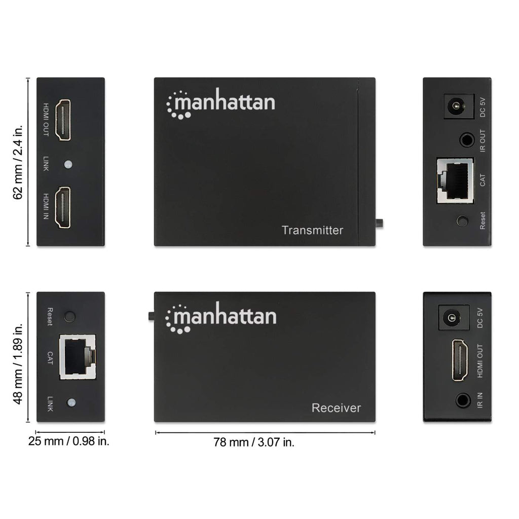 Manhattan Kit extensor HDMI 1080p por Ethernet, hasta 50 m con un solo cable Cat6, módulos transmisor y receptor, compatible con IR, garantía de 3 años audio/vídeo extendedores Transmisor y receptor de señales AV 1920 x 1200 Pixeles Cat6 100 m