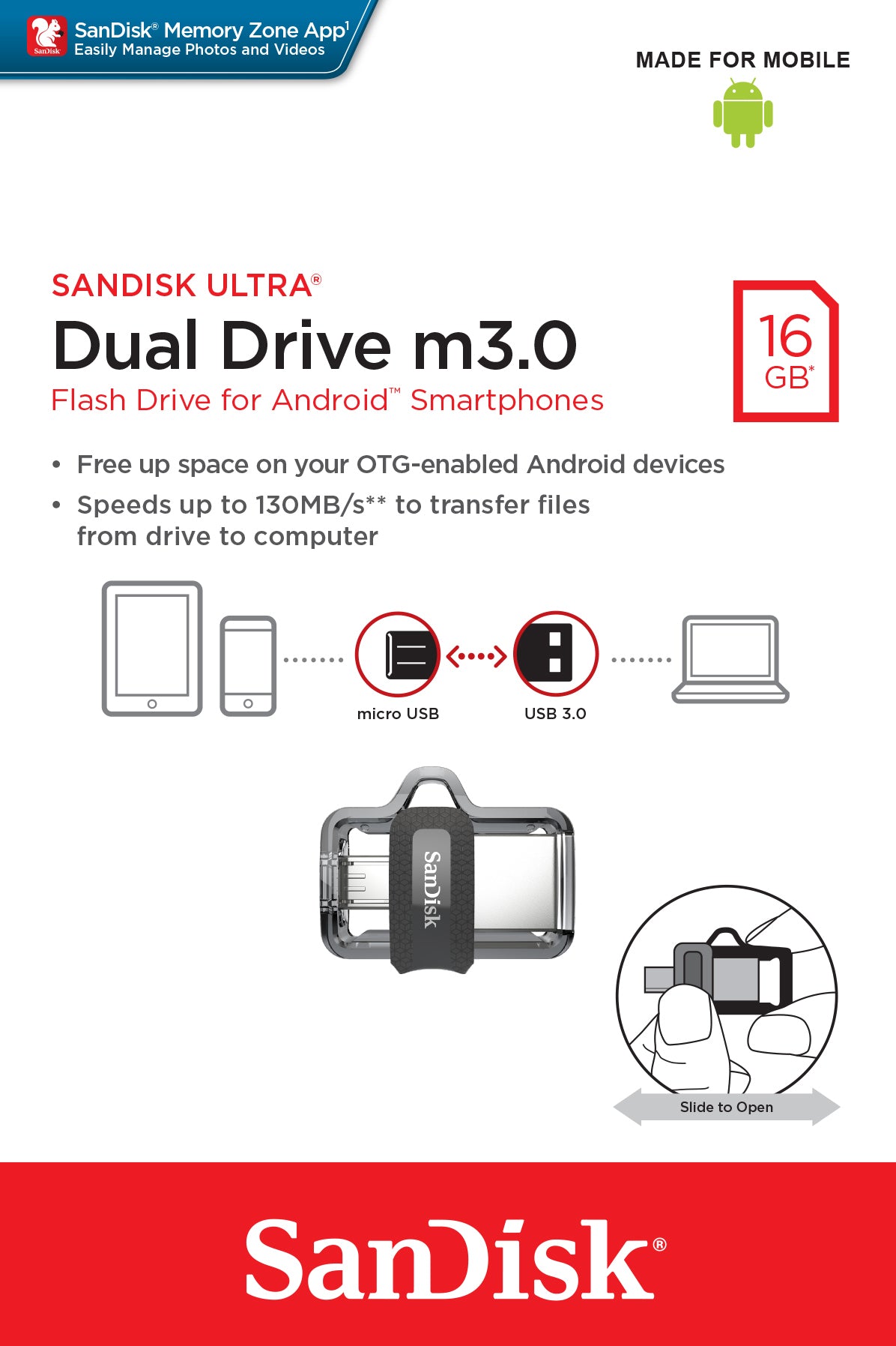 SanDisk Ultra Dual m3.0 unidad flash USB 16 GB USB Type-A / Micro-USB 3.2 Gen 1 (3.1 Gen 1) Negro, Plata, Transparente