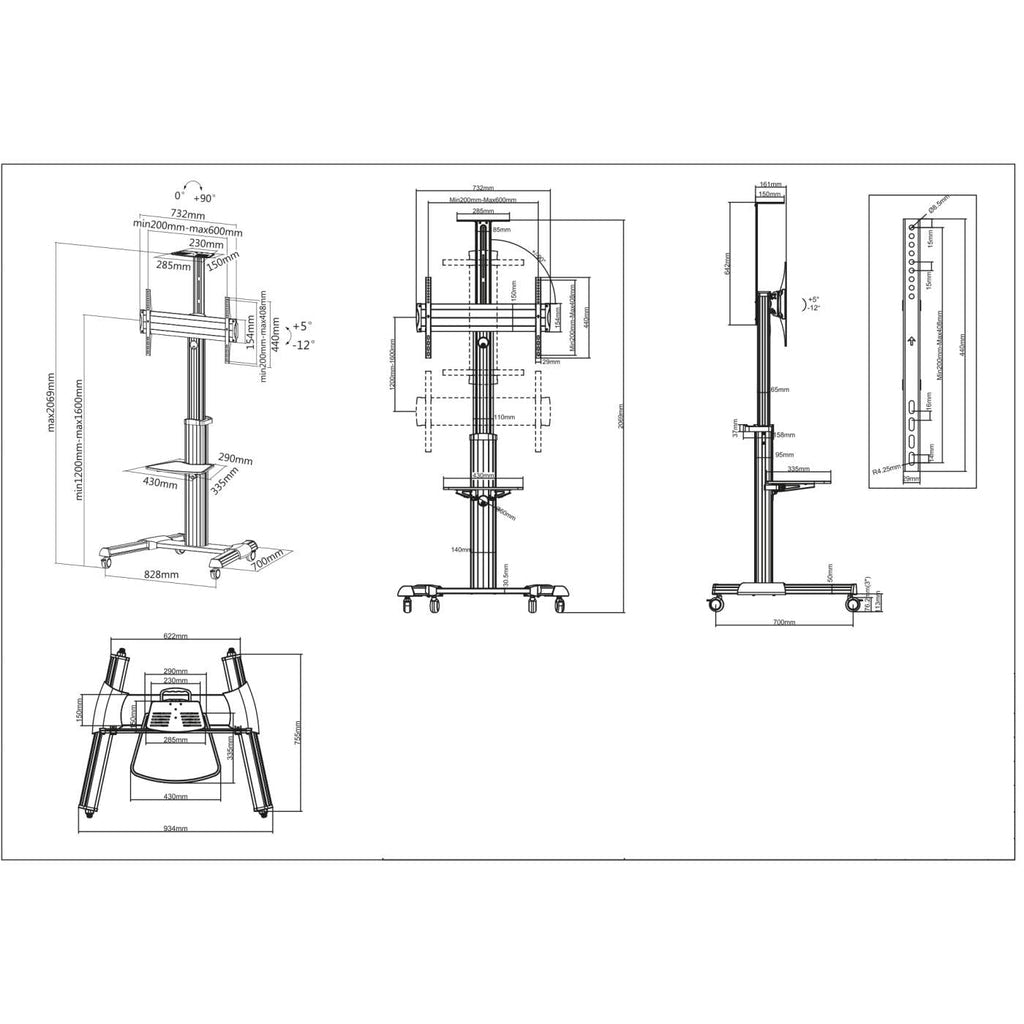 Manhattan Soporte para TV, de piso, tipo carrito, de alumino, con inclinación, pantallas planas de 37" a 70" de máximo 50 kg Monitor Negro