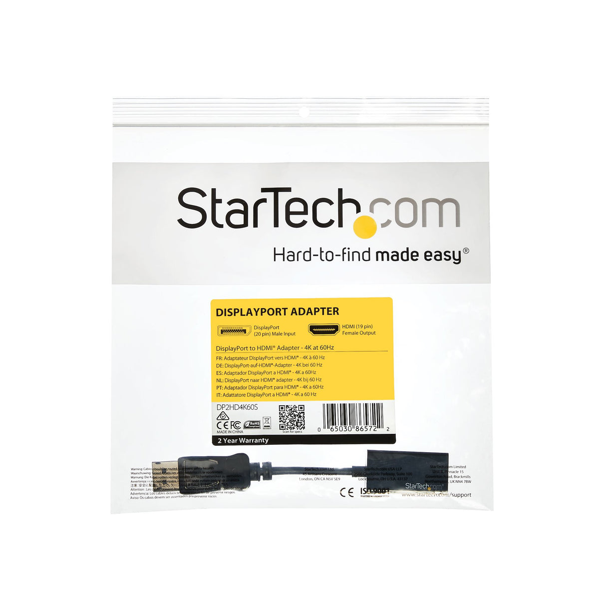 StarTech.com Adaptador Conversor DisplayPort a HDMI - 4K 60Hz Cable Derecho Derecho 0,215 m DisplayPort