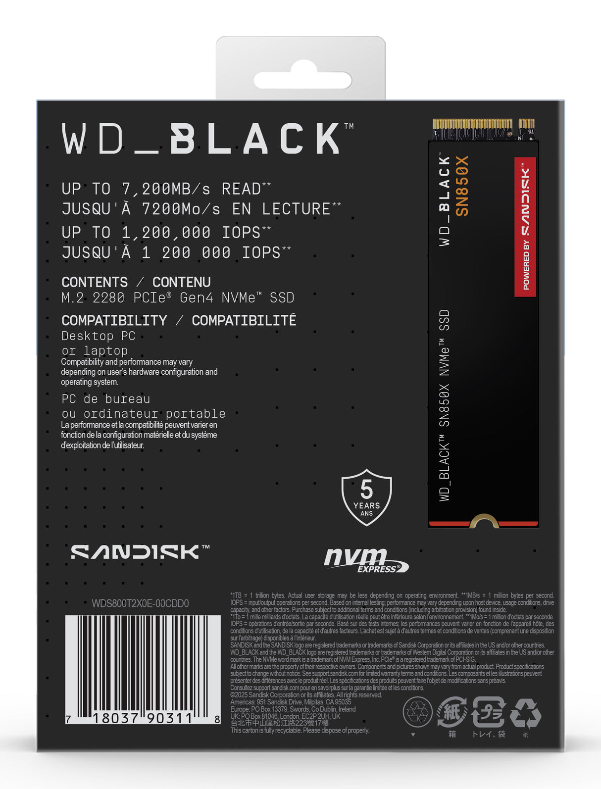 WD Black SSD Interno SN850X 8TB M.2 2280 NVMe PCIe Gen4, Lect. 7200MB/s, Escr. 6600MB/s, TBW 4800