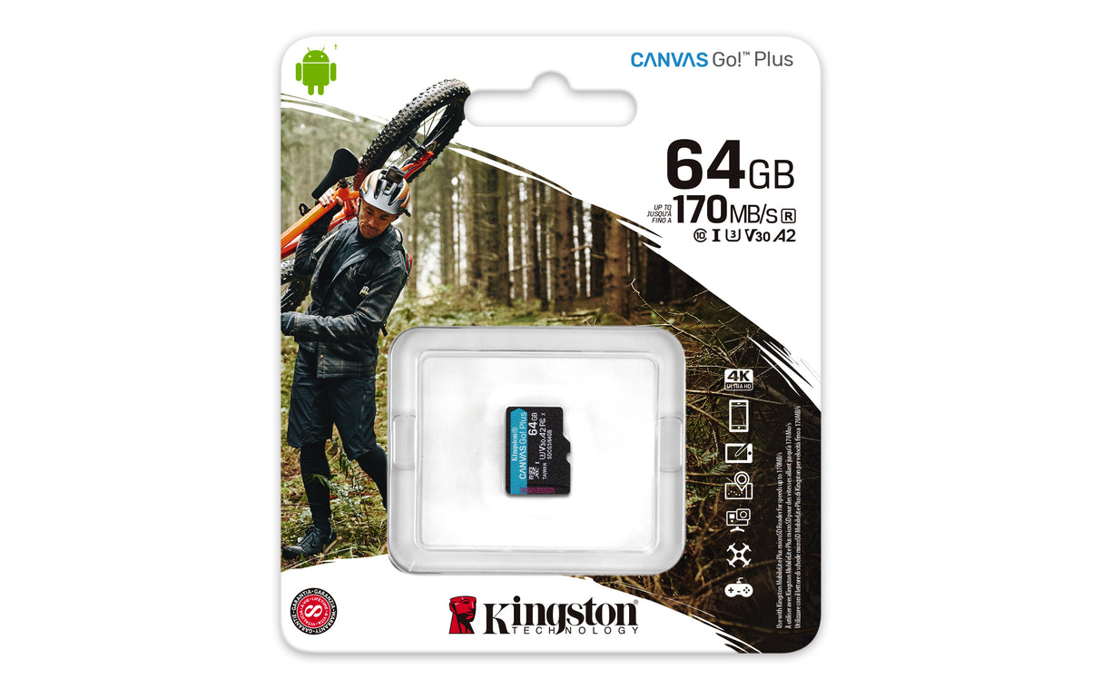 Kingston Technology Canvas Go! Plus Paquete de una tarjeta microSDXC Canvas Go Plus 170R A2 U3 V30 de 64 GB sin ADP Memoria Flash 64 GB MicroSD 170 MB/s 70 MB/s