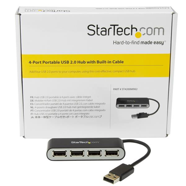 StarTech.com Concentrador Ladrón USB 2.0 de 4 Puertos con Cable Integrado - Hub Portátil USB 2.0 Hubs de interfaz 4 USB