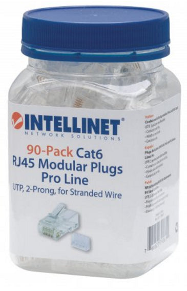 Intellinet PLUG RJ45 CAT6 MULTIFILAR UTP BOTE 90 PZAS ORO 50-MICRAS PRO conectores RJ-45 Transparente, Blanco Policarbon