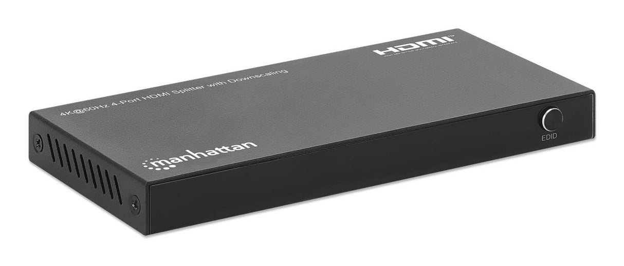 Manhattan Splitter HDMI de 4 puertos con downscaling, 4K@60 Hz, distribuye 1 entrada HDMI a 4 salidas (misma señal), botón de reescalado 4K a 1080p, i