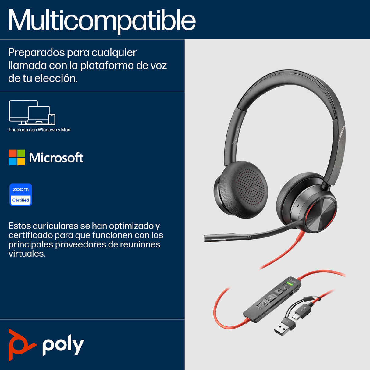 HP Poly Auriculares estéreo Poly Blackwire 8225 USB-C + Adaptador USB-C/A Auriculares Auriculares Diadema Oficina/Centro de llamadas Binaural