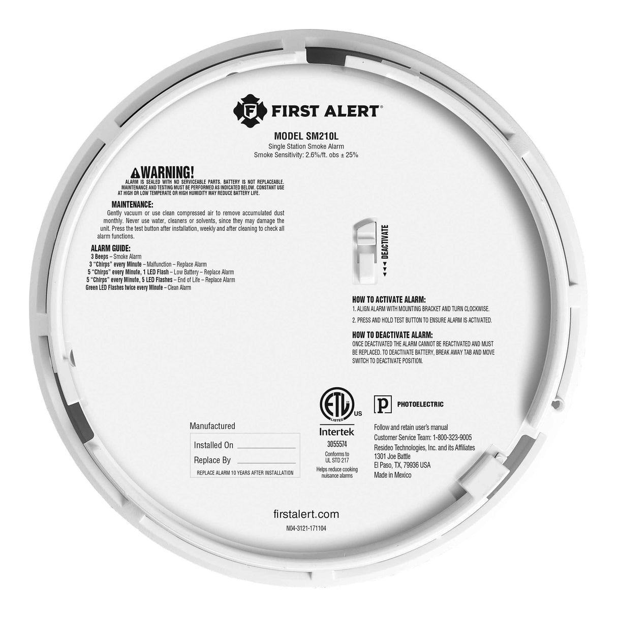 First Alert 1046747 detector de humo Detector fotoeléctrico de reflexión Inalámbrico