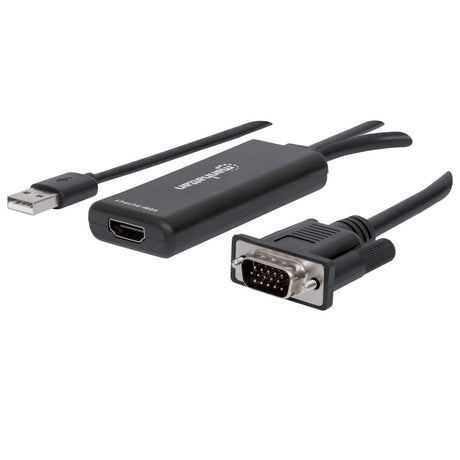 Manhattan Convertidor VGA + USB-A a HDMI, vídeo VGA analógico y audio USB a señal HDMI digital, 1920x1080 (1080p@60Hz), color 24 bits, 1,65 Gbps/165 MHz, 3 años de garantía Cable Derecho Derecho 1 m USB Type-A + VGA (D-Sub)