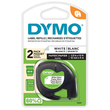 DYMO DYMO LetraTag Etiquetas de papel | Auténticas | Rollo de 12 mm x 4 m | Impresión en negro sobre etiquetas blancas | Etiquetas autoadhesivas multiuso para etiquetadoras LetraTag | 2 unidades Impresora