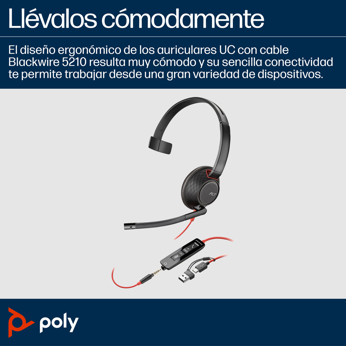 HP Poly Auriculares Poly Blackwire 5210 monaural USB-C + conector de 3,5 mm + adaptador USB-C/A Auriculares y Cascos Aur