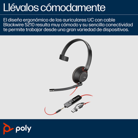 HP Poly Auriculares Poly Blackwire 5210 monaural USB-C + conector de 3,5 mm + adaptador USB-C/A Auriculares y Cascos Aur