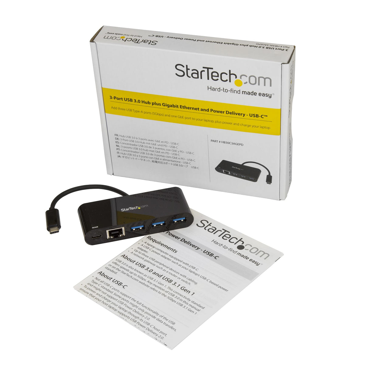 StarTech.com Hub Concentrador USB 3.0 USB-C de 3 Puertos con Ethernet Gigabit y Entrega de Alimentación de 60W con Puerto Pass-Through - USB Tipo C