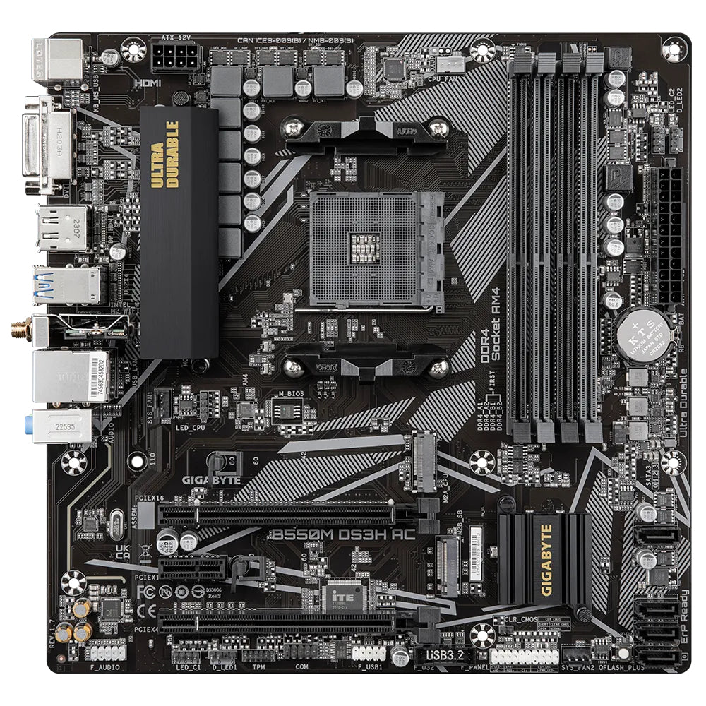 GIGABYTE B550M DS3H AC Placa base - Procesadores AMD Ryzen 5000, VRM de 5+3 fases, hasta 4733 MHz DDR4, 1xPCIe 4.0 + 1xPCIe 3.0 M.2, Wi-Fi 5, LAN 1GbE, USB 3.2 Gen 1 placas base AMD Zócalo AM4 Zócalo AM4 DDR4-SDRAM