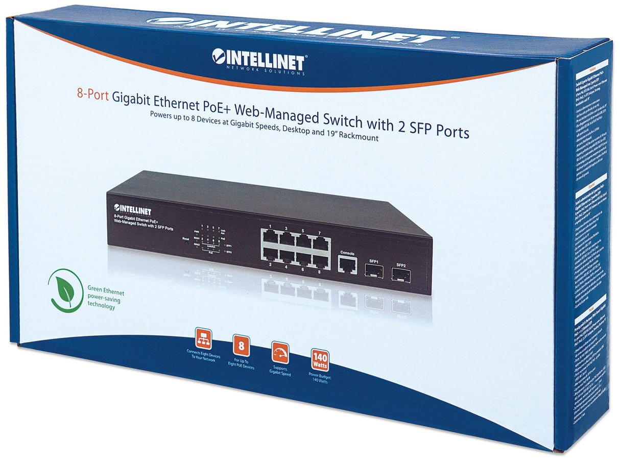 Intellinet Commutateur réseau (switch) Gigabit Ethernet PoE+ administrable via le Web 8 ports avec 2 ports SFP, IEEE 802