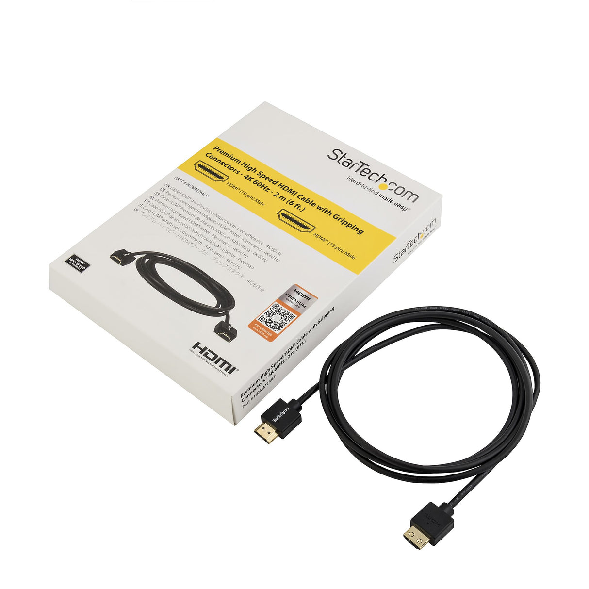 StarTech.com Cable HDMI 2.0 Delgado de Alta Velocidad con Ethernet 4K 60Hz de 2m - HDR10 - Conectores con Agarre Cable 2 m HDMI tipo A (Estándar) HDMI tipo A (Estándar) Macho
