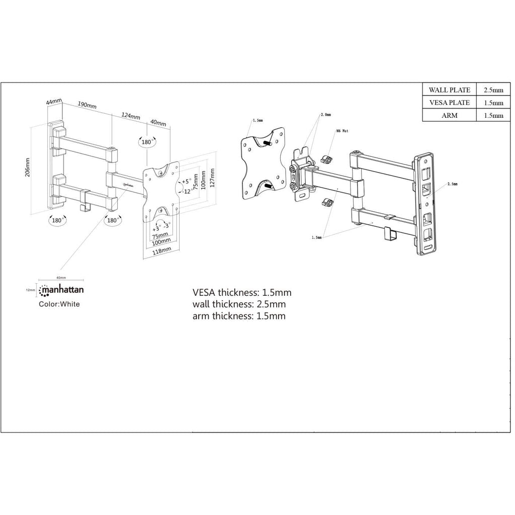 Manhattan Soporte para monitor, de pared, movimiento articulado, pantalla plana de 13" a 27" máximo 20 kg Monitor Negro