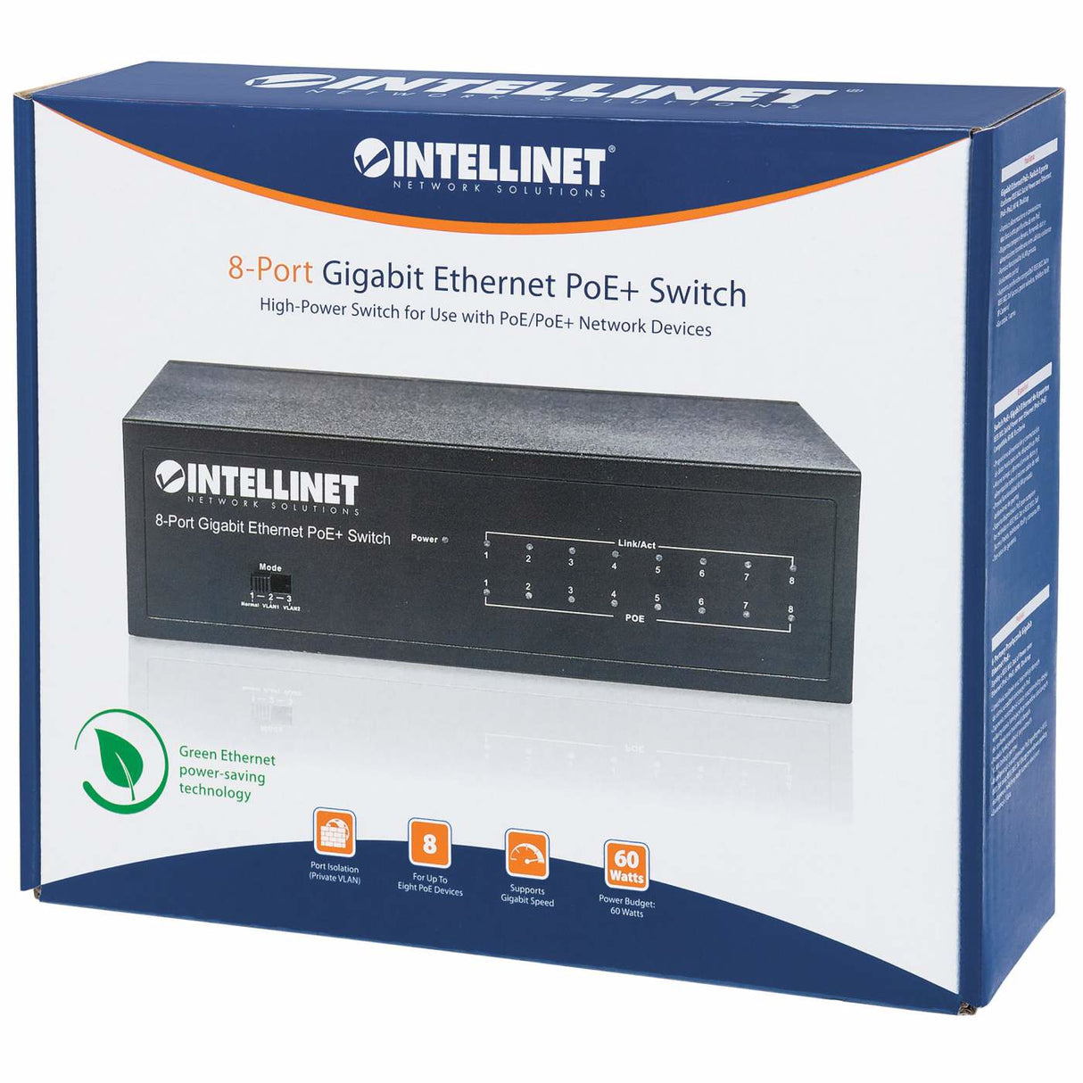 Intellinet Commutateur réseau (switch) Gigabit Ethernet PoE+ 8 ports, compatible IEEE 802.3at/af, budget PoE 60 W, forma
